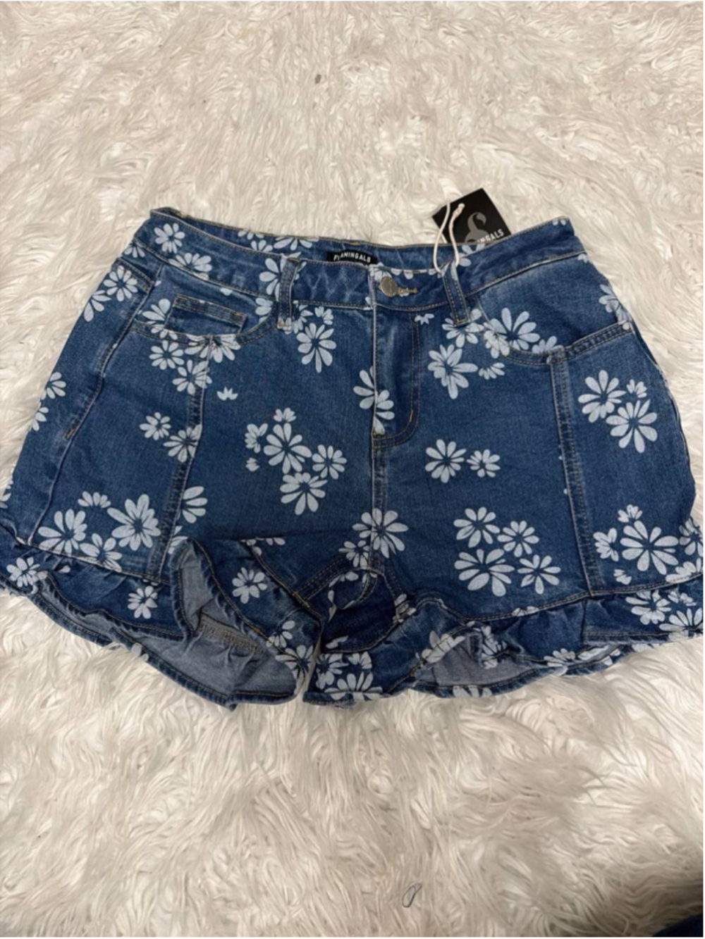 Flamingals Floral Print Ruffle Hem Jean Shorts Sz S